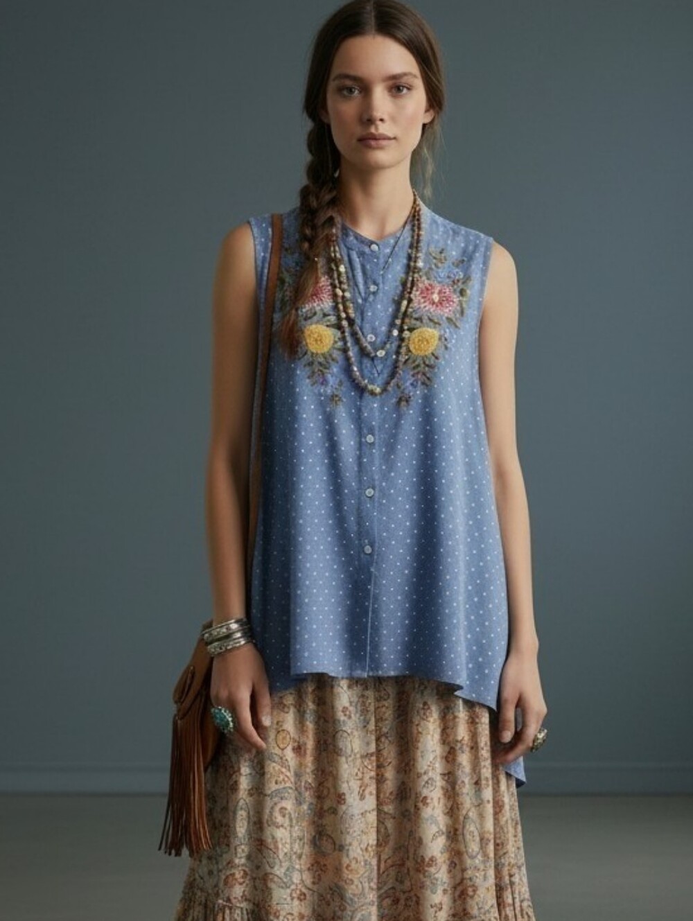 LABEL RITU KUMAR Sleeveless Handkerchief Hem Embroidered Polka Dot Shirt Medium